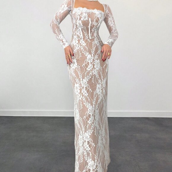 White Casual Women's Sexy S-Shape Lace Long Sleeve Cupped Bustier Tight Fitting - Picture 5 of 5